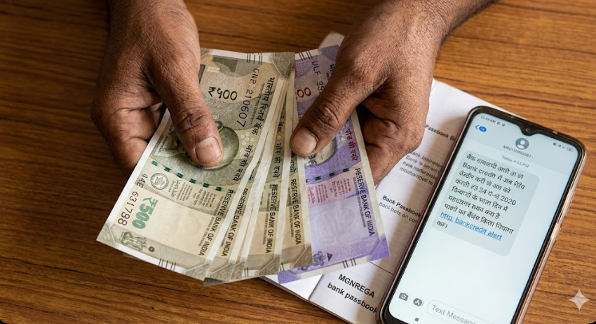 मजदूर के हाथ में भारतीय रुपये और पासबुक, पास में रखे मोबाइल पर बैंक खाते में पैसे आने का SMS अलर्ट।